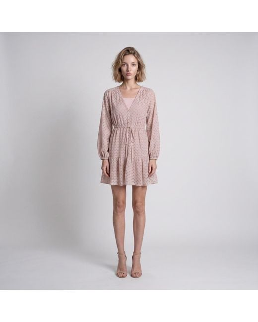 Modenaire Pink Polka Dot Embroidered Lace Dress With V-Neck And Tie Waist