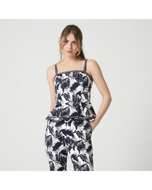 Lalipop Design Blue Palm Leaves Design Printed Peplum-Hem Bustier Top