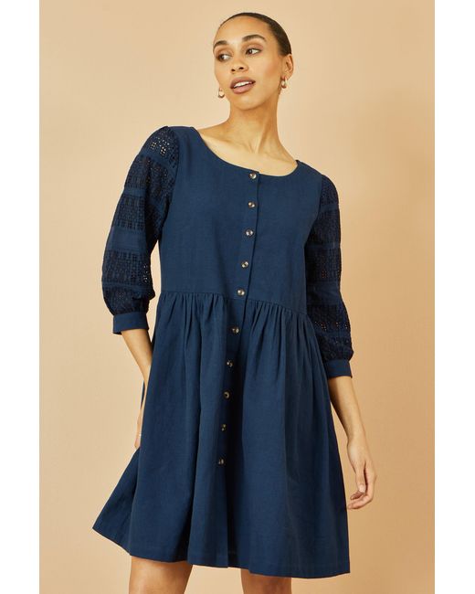 Yumi' Blue Cotton Tunic With Broderie Anglaise Puff Sleeves