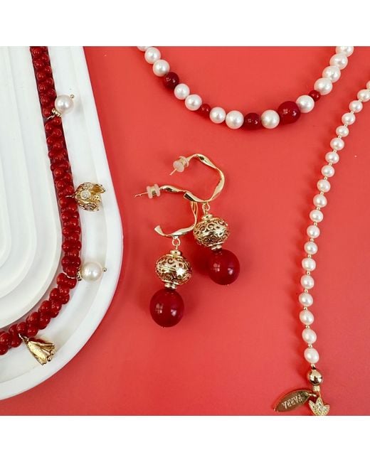 Farra Red Vintage Style Big Coral Hoop Earrings