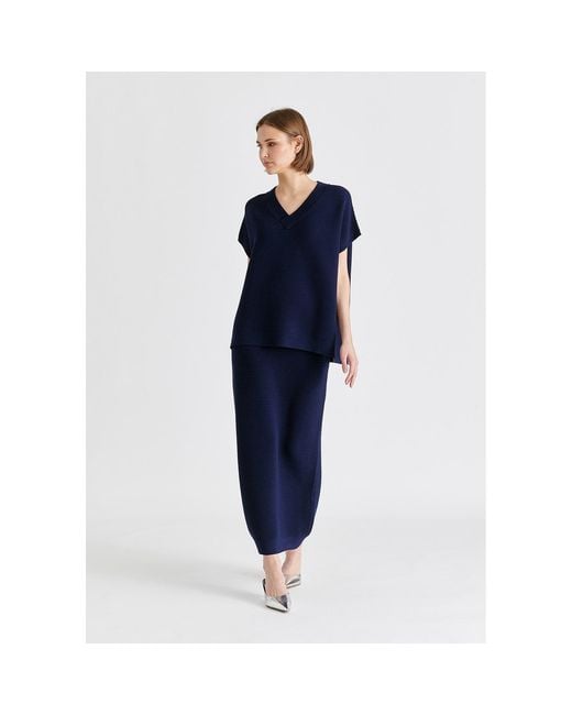 Paisie Blue V-Neck Sleeveless Ribbed Jumper