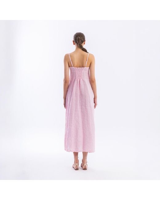 Haris Cotton Pink Maxi Striped Linen Dress With Straps And Slits