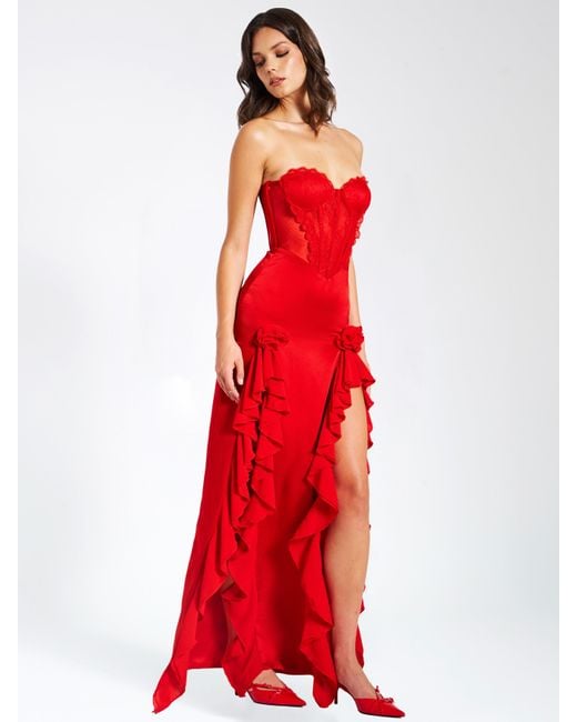 Miss Circle New York Red Talia Satin Lace Corset Maxi Dress
