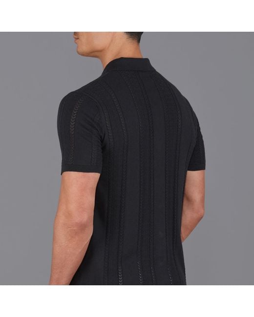Paul James Knitwear Black Ultra Fine Cotton Santiago Open Knit Cuban Collar Shirt for men