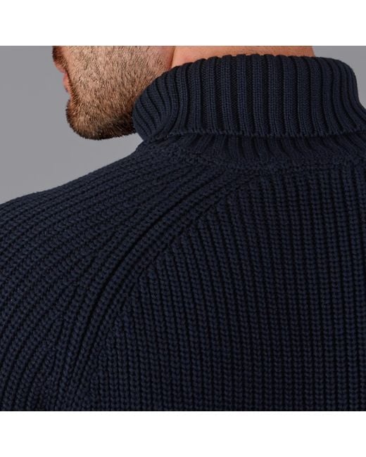 Paul James Knitwear Blue Cotton Jacob Fisherman Rib Knit Roll Neck Jumper for men