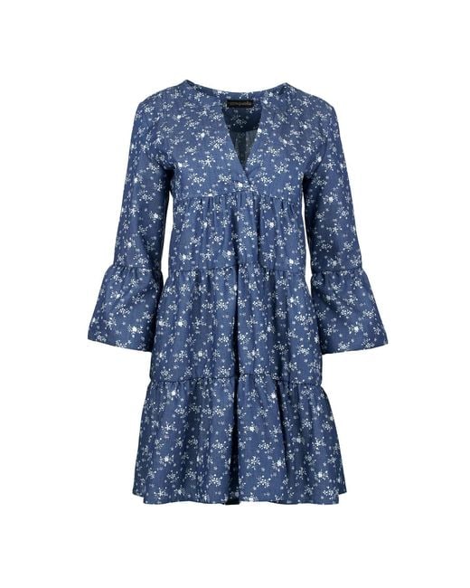 Conquista Blue Floral A Line Dress With Bell Sleeves