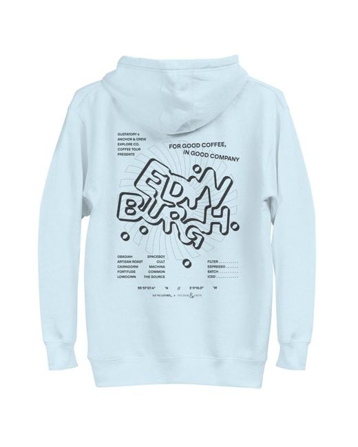 Anchor and Crew Blue Sky Gustatory Edinburgh Coffee Scene Cotton Blend Embroidered Hoodie for men