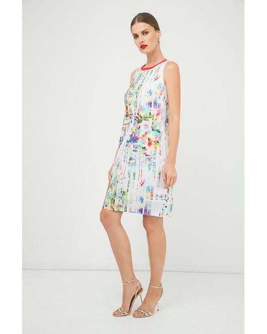 Conquista White Pleat Detail Sleeveless Print Dress