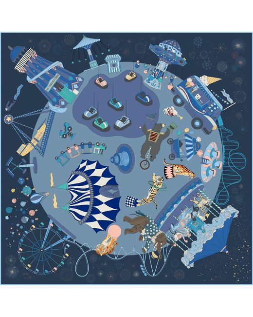 Wenzi Blue Carnival Wonderland Hand Painted Pattern Double Sided Silk Twill Scarf