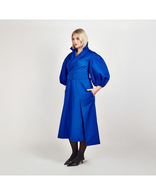 Femponiq Blue 'Wide Lapel Asymmetric Belted Midi Cotton Dress
