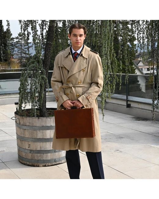 Time Resistance Brown Cognac Leather Attaché Case Briefcase for men