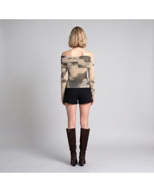 Modenaire Green Off Shoulder Mesh Top With Tie Dye Print And Fitted Silhouette