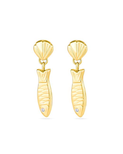 Arianne Delaney Metallic Shell & Anchovy Fish Pendant Drop Earrings 18Ct Vermeil