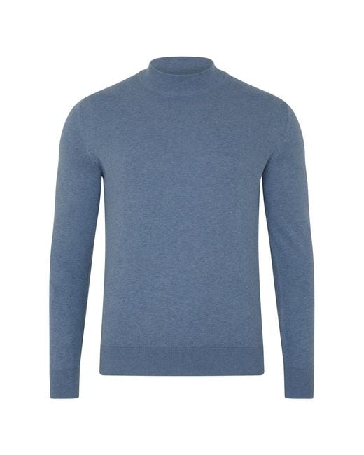 Paul James Knitwear Blue Ultra Fine Cotton Mock Turtle Neck Spencer Jumper for men