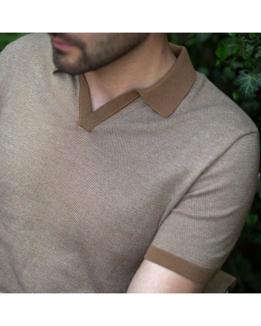 Paul James Knitwear Brown Mens Lightweight Cotton Giovanni Honeycomb Buttonless Polo Shirt for men