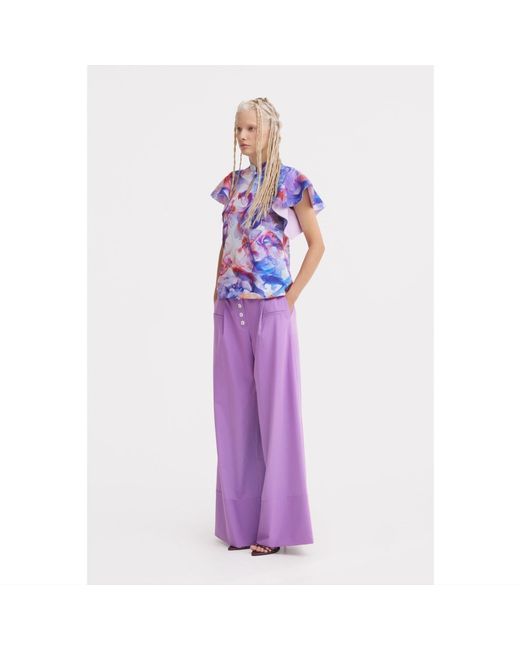 Julia Allert Blue Stand Collar Ruffle Sleeve Blouse – Fish Print