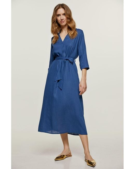 Conquista Blue Linen Style Midi Dress With Belt
