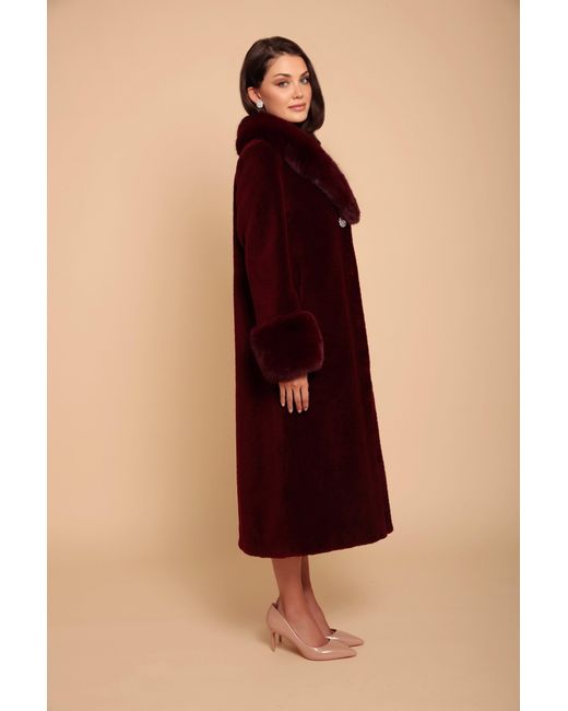 Santinni Red 'Sunset Boulevard' Long Wool Coat With Faux Fur Collar