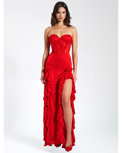 Miss Circle New York Red Talia Satin Lace Corset Maxi Dress