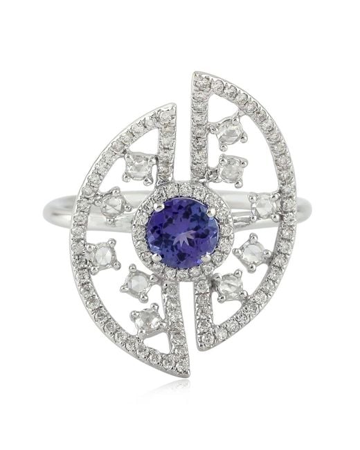 Artisan Multicolor 18k White Gold Diamond Tanzanite Cocktail Ring Handmade Jewelry