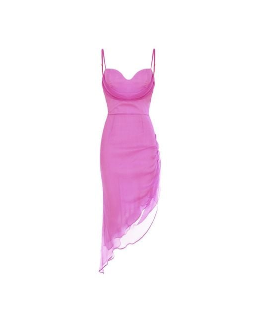 AVENUE No.29 Purple Asymmetric Silk Midi Dress With Straps And Side Gathering