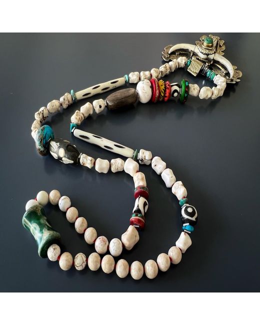 Ebru Jewelry Metallic Silver & Turquoise Long Horn Pendant Nepal Beaded Necklace