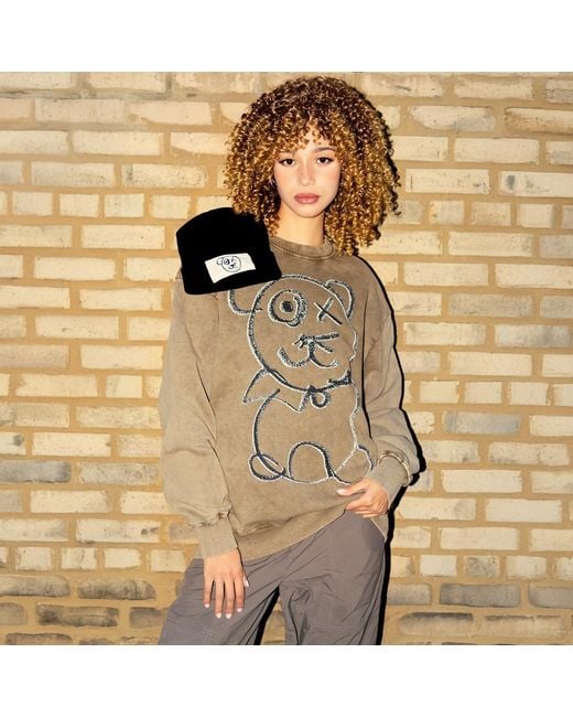 X Ilona Blue Gray Graffiti Teddy Bear Vintage Washed Cotton Sage Crewneck