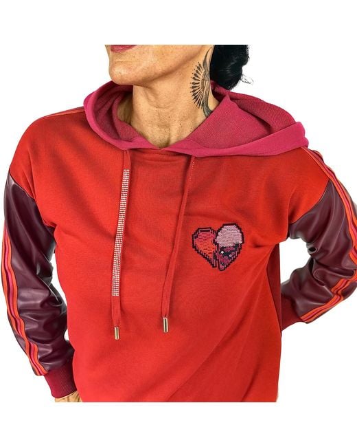 Lalipop Design Red Color Block Hoodie With Vegan Leather Sleeves