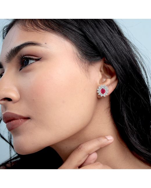Artisan Pink Ruby & Diamond Floral Cluster Stud Earrings