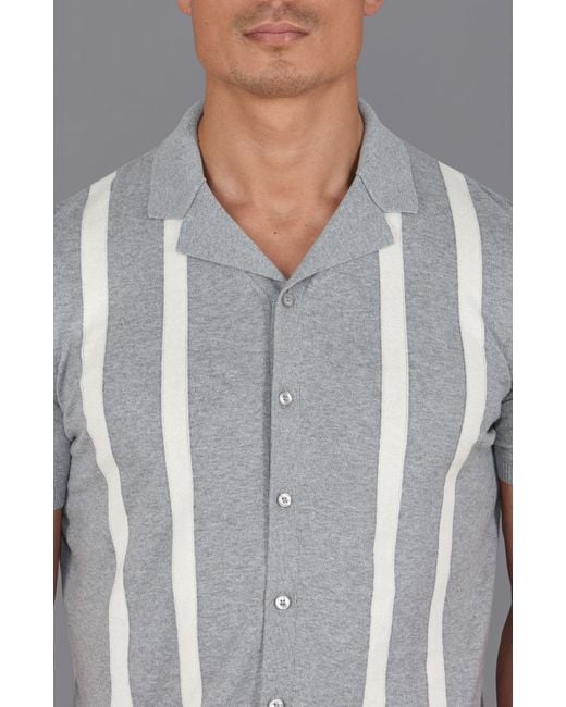 Paul James Knitwear Gray Ultra Fine Cotton Delgado Cuban Collar Striped Shirt for men