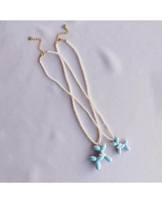 POPORCELAIN Blue Baby Porcelain Balloon Doggie Pearl Necklace