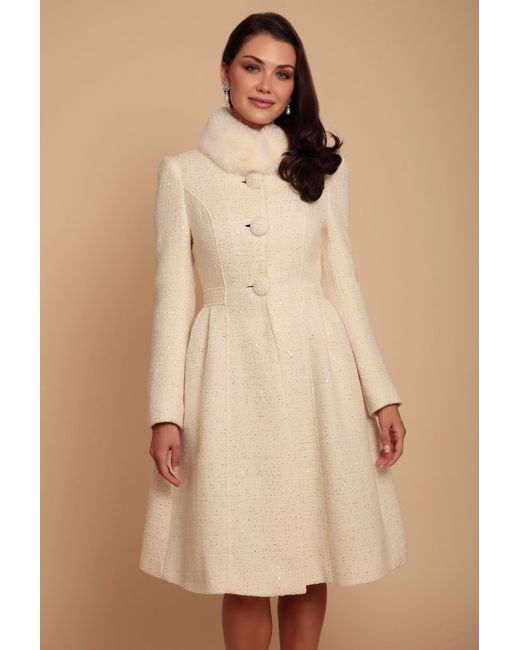 Santinni Natural Starlet Wool Tweed Dress Coat With Faux Fur