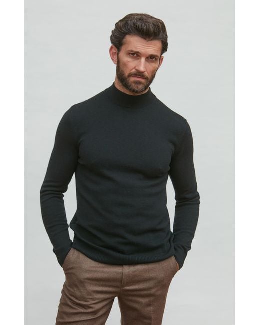 Paul James Knitwear Black Lightweight Merino Cashmere Tristan Mock Turtle Neck Jumper for men