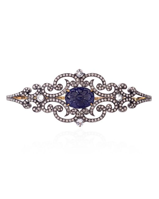 Artisan Carved Blue Sapphire & Pave Diamond In 18k Gold And Silver Victorian Palm Bracelet