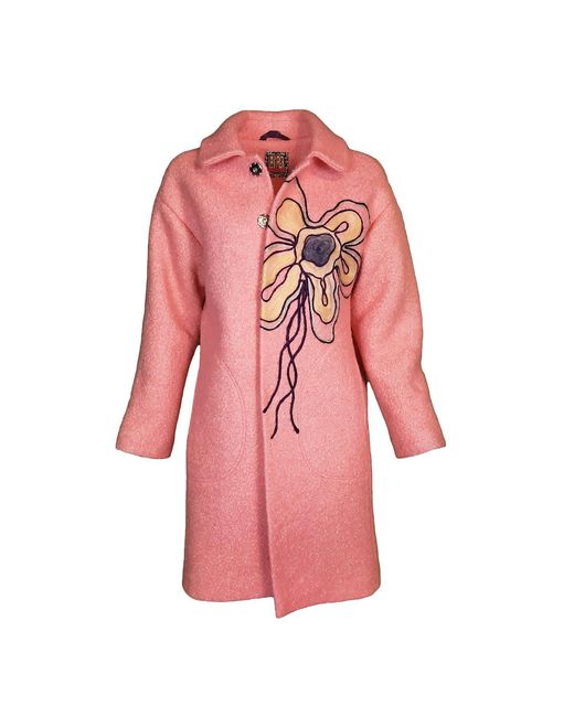 Lalipop Design Pink Wool Blend Coat With Flower Embroidery