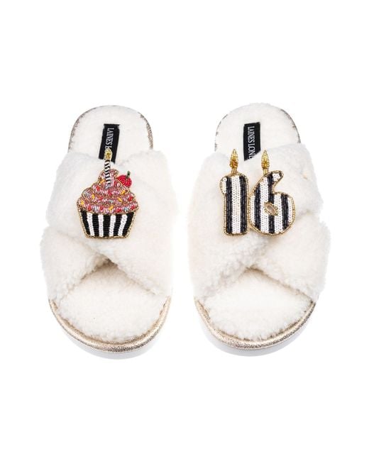 Laines London White Neutrals Laines Neutral Boucle Slippers With Stripe 16Th Birthday & Cake Brooches