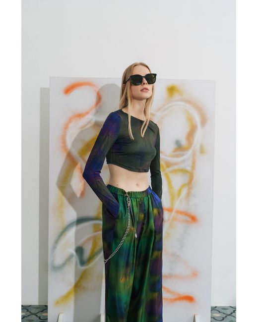 Lost Pattern Green Brooklyn Silk Wide Leg Pants