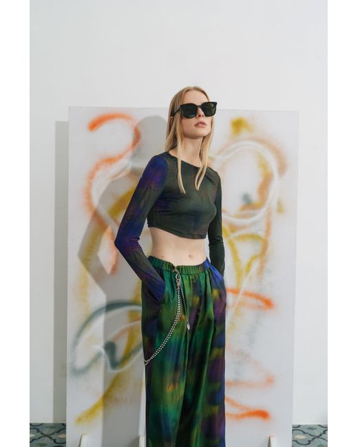 Lost Pattern Green Brooklyn Silk Wide Leg Pants