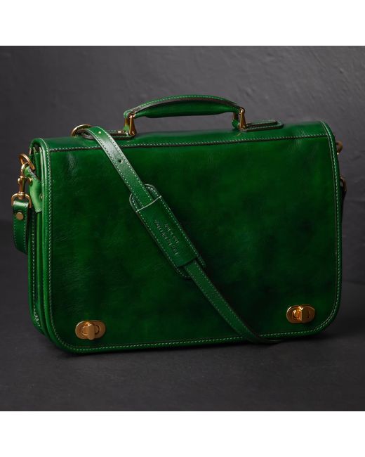 Time Resistance Green Leather Briefcase Laptop Bag for men