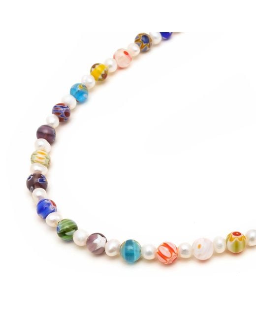 Nialaya Metallic Pearl Necklace With Hand-Painted Glass Beads for men