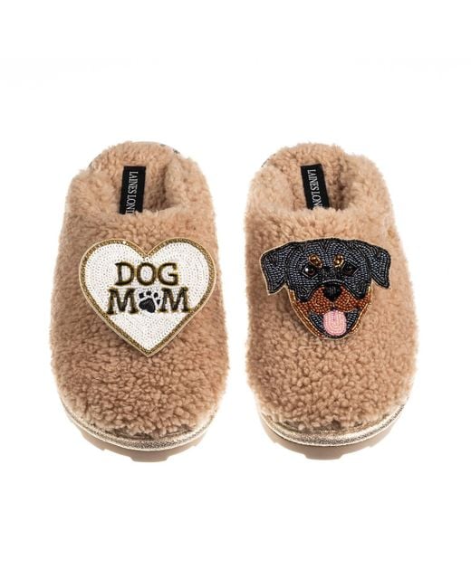 Laines London Metallic Neutrals Teddy Closed Toe Slippers With Dog Mum Mom & Rottweiler Brooches