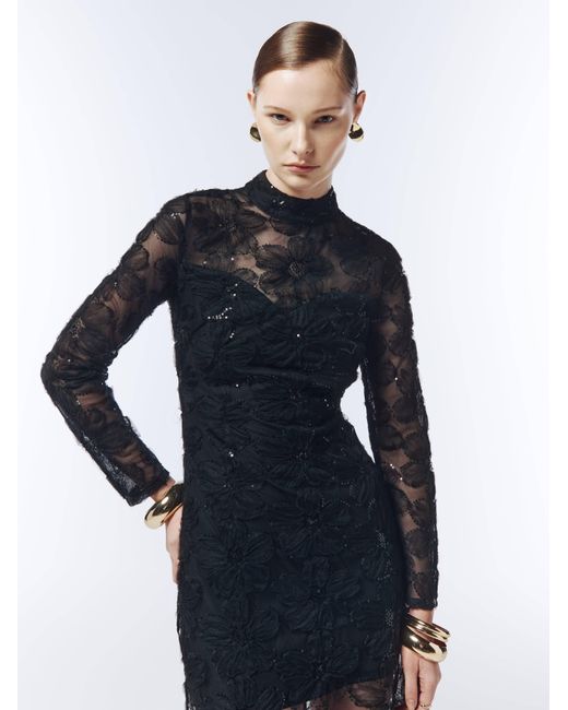 Sour Figs Black Floral Embroidered Sequin Mesh Evening Dress