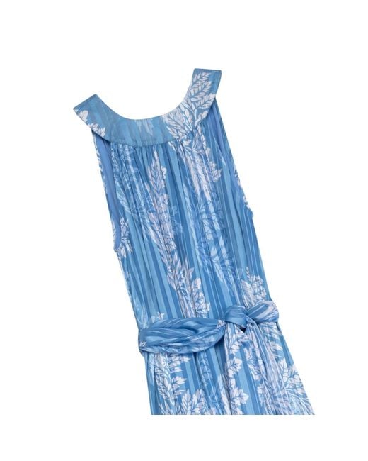 Niza Blue Long Floral Print Jumpsuit With V-Neck And Wide Skirt