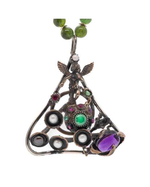Ebru Jewelry White Jade & Amethyst Gemstone Handmade Angel Pendant Beaded Necklace