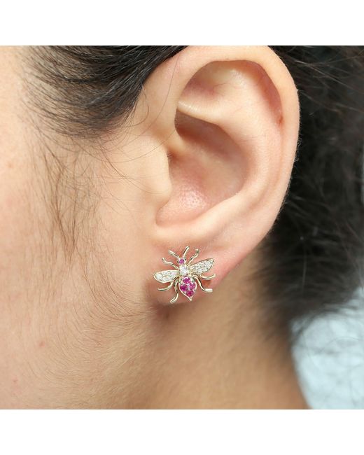Artisan Metallic Natural Ruby & Diamond Bumble Bee Stud Earrings
