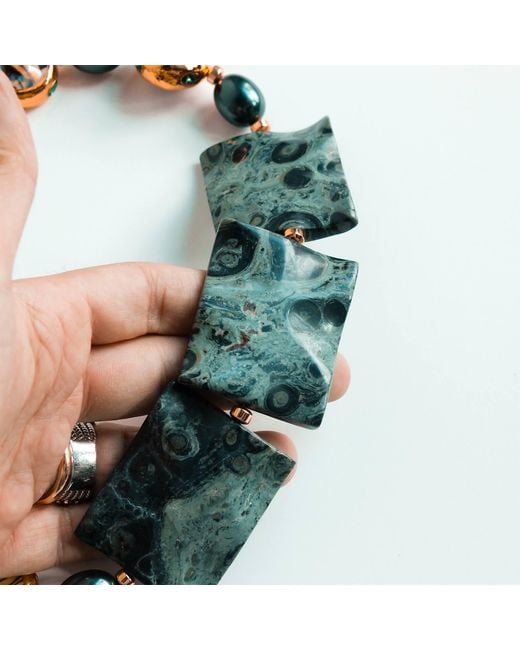 Edgar Navarro Jewelry Green Kambaba Jasper Necklace With Mother Of Pearl Beads & Pearls