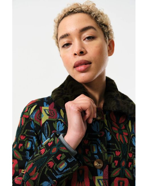 Louche Black Dryden Folk Jacquard Fur Collared Coat