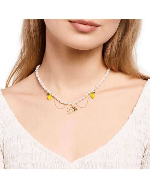 My Little Nature Metallic Handmade Pearl Necklace With Lemon And Flower Charms