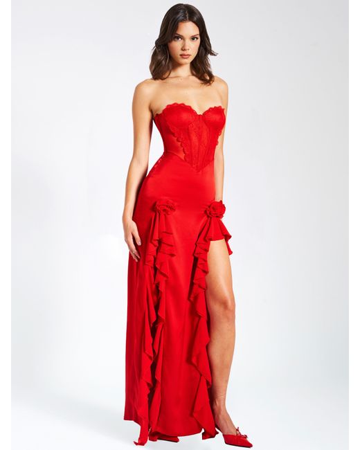 Miss Circle New York Red Talia Satin Lace Corset Maxi Dress
