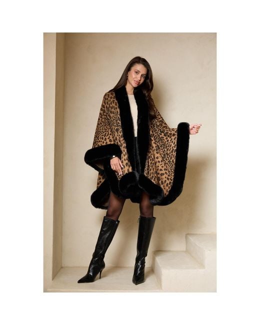 Saachi Brown Cheetah Print Burly Wood Kimono Faux Fur Cape